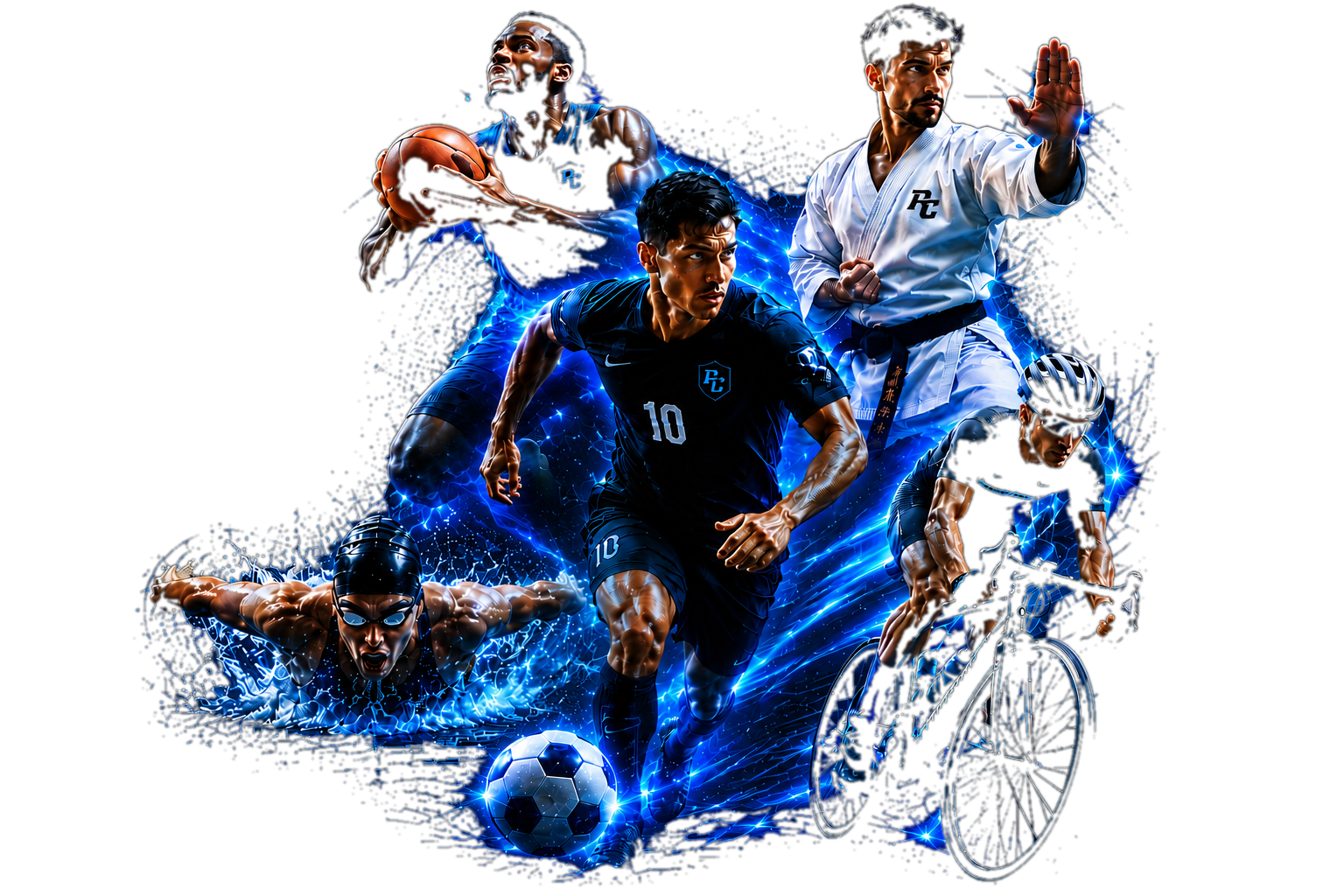 Atletas de futsal, basquete, karatê, natação e ciclismo do Physiological Control, com efeitos de dados azuis sobrepostos